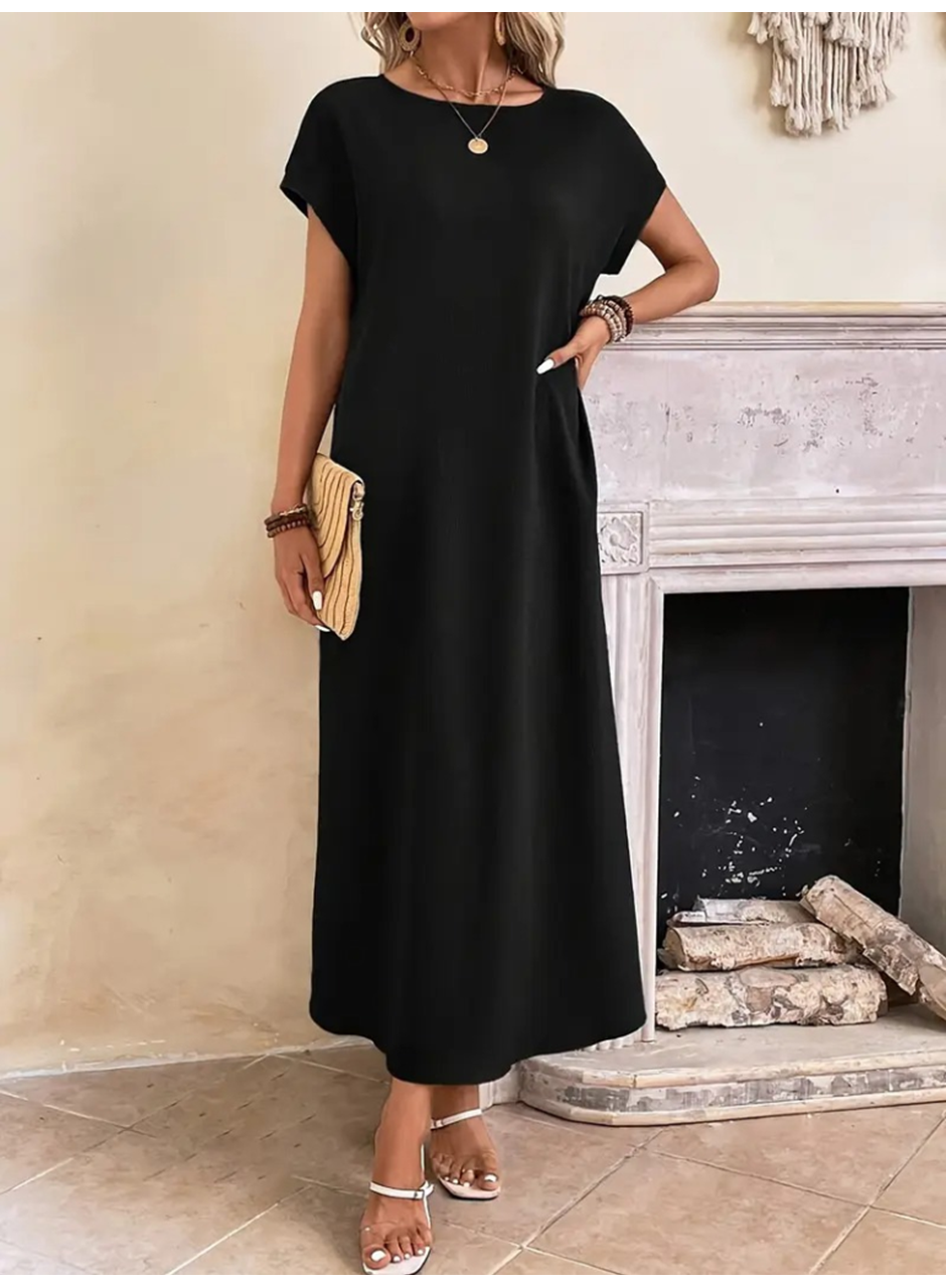 Kadın Uzun Kollu Yakası Açık Viskon Elbise