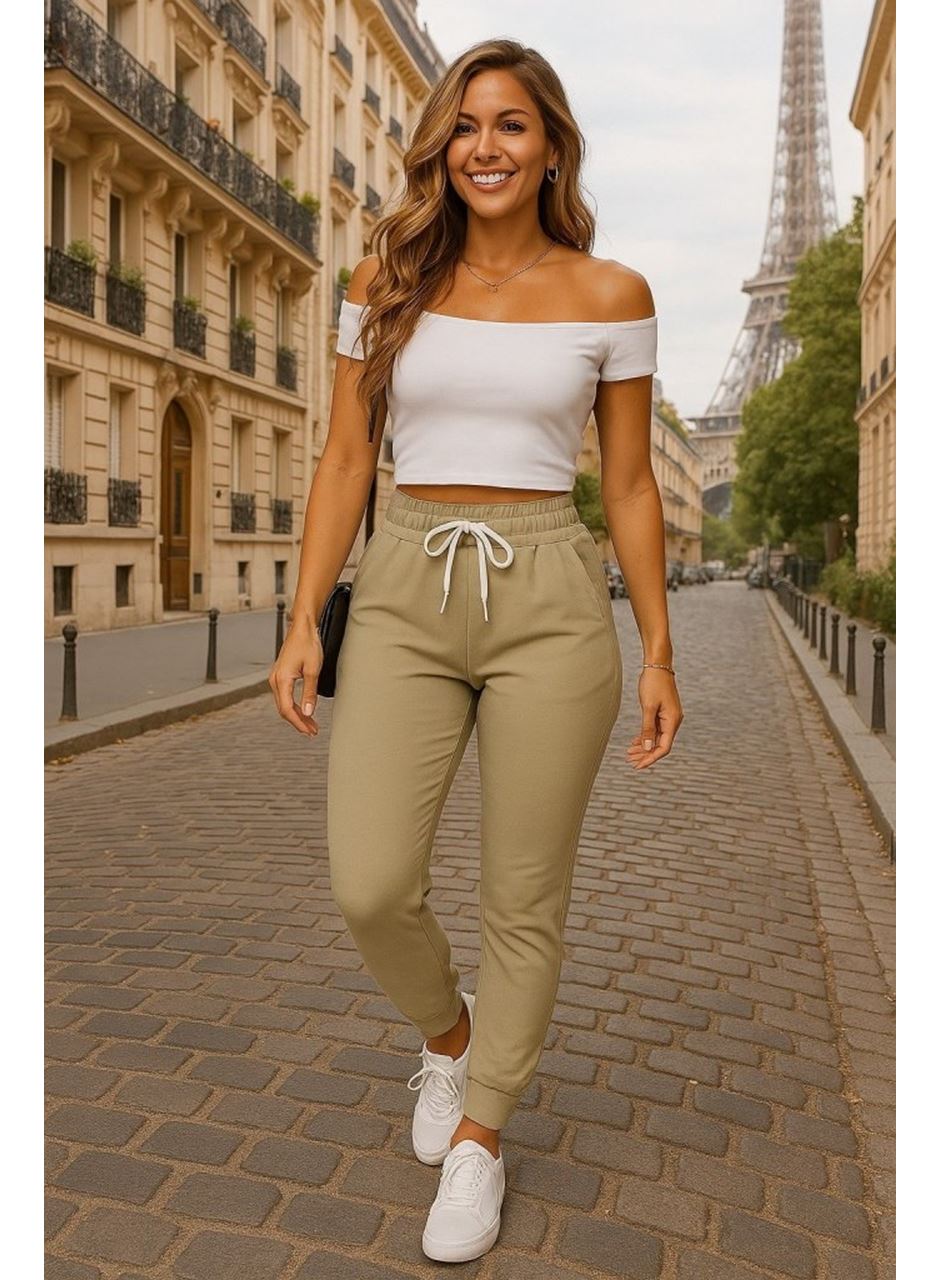 Kadın Kısa Kollu Madonna Yaka Viskon Crop Bluz Cepli Iki Iplik Eşofman Takım