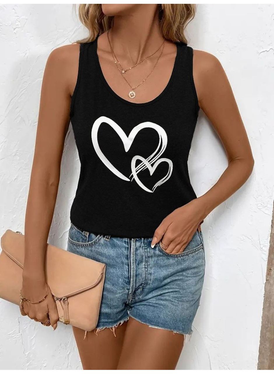 Kadın Askılı Yuvarlak Yaka Kalp Baskılı Viskon Bluz