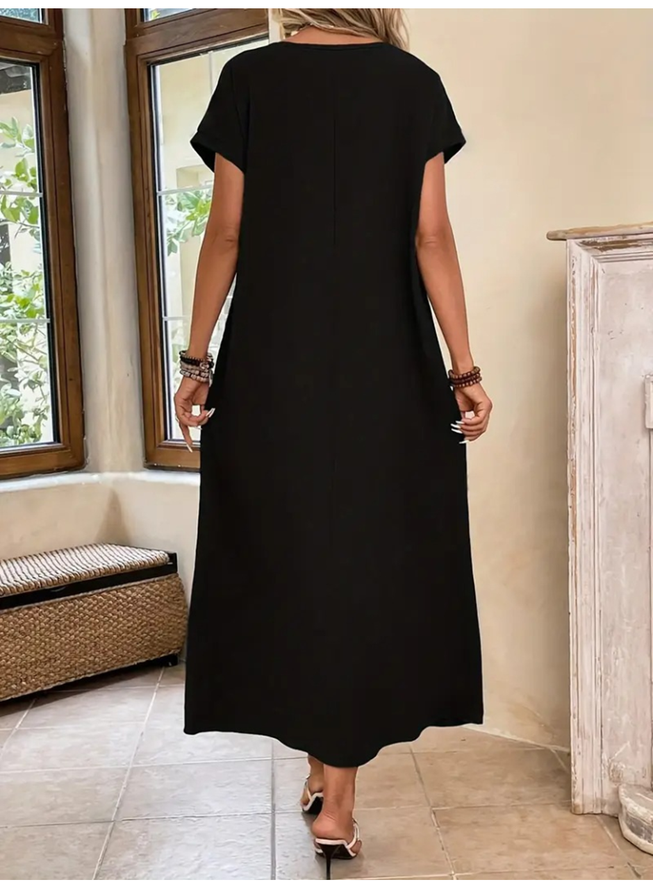 Kadın Uzun Kollu Yakası Açık Viskon Elbise