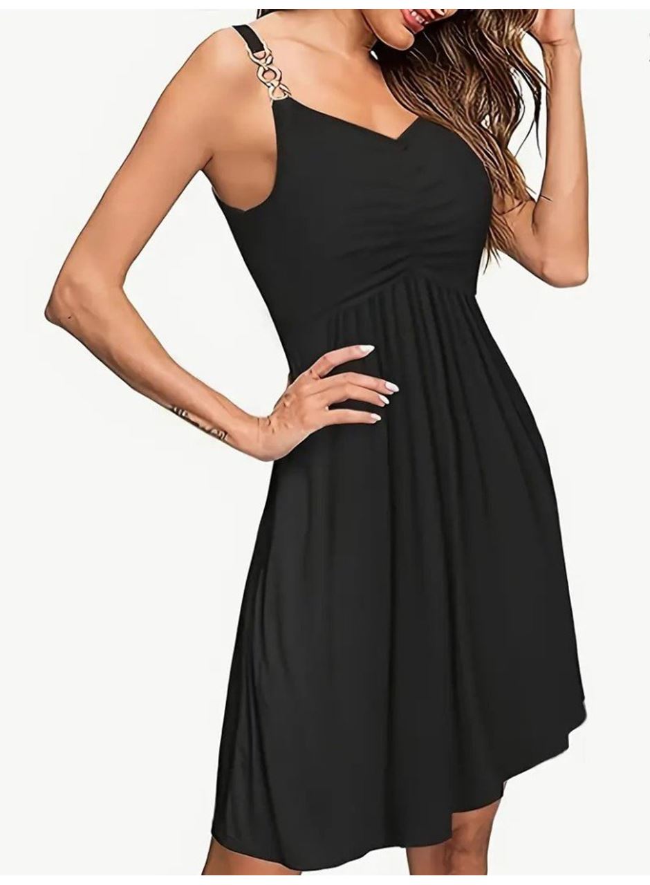 Kadın Ip Askılı V Yakalı Kısa Viskon Elbise