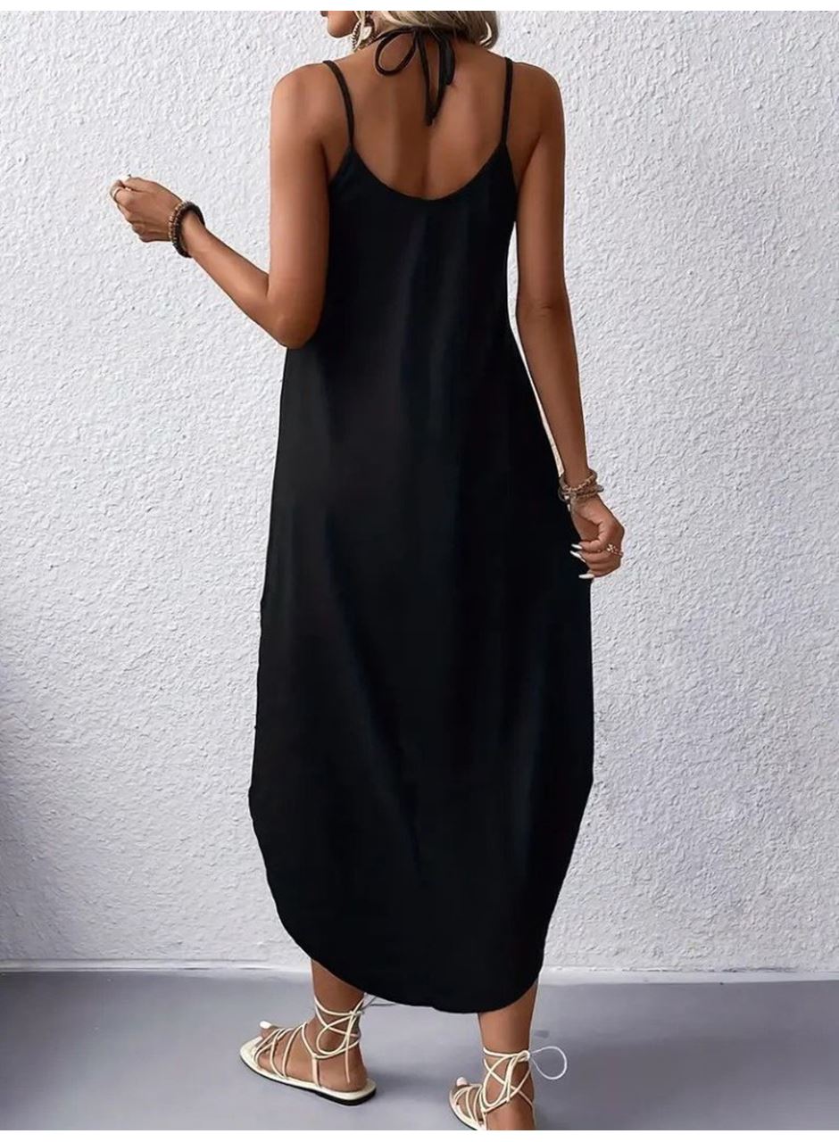 Kadın Askılı V Yakalı Desenli Uzun Viskon Elbise