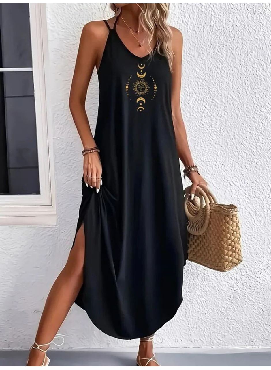 Kadın Askılı V Yakalı Desenli Uzun Viskon Elbise