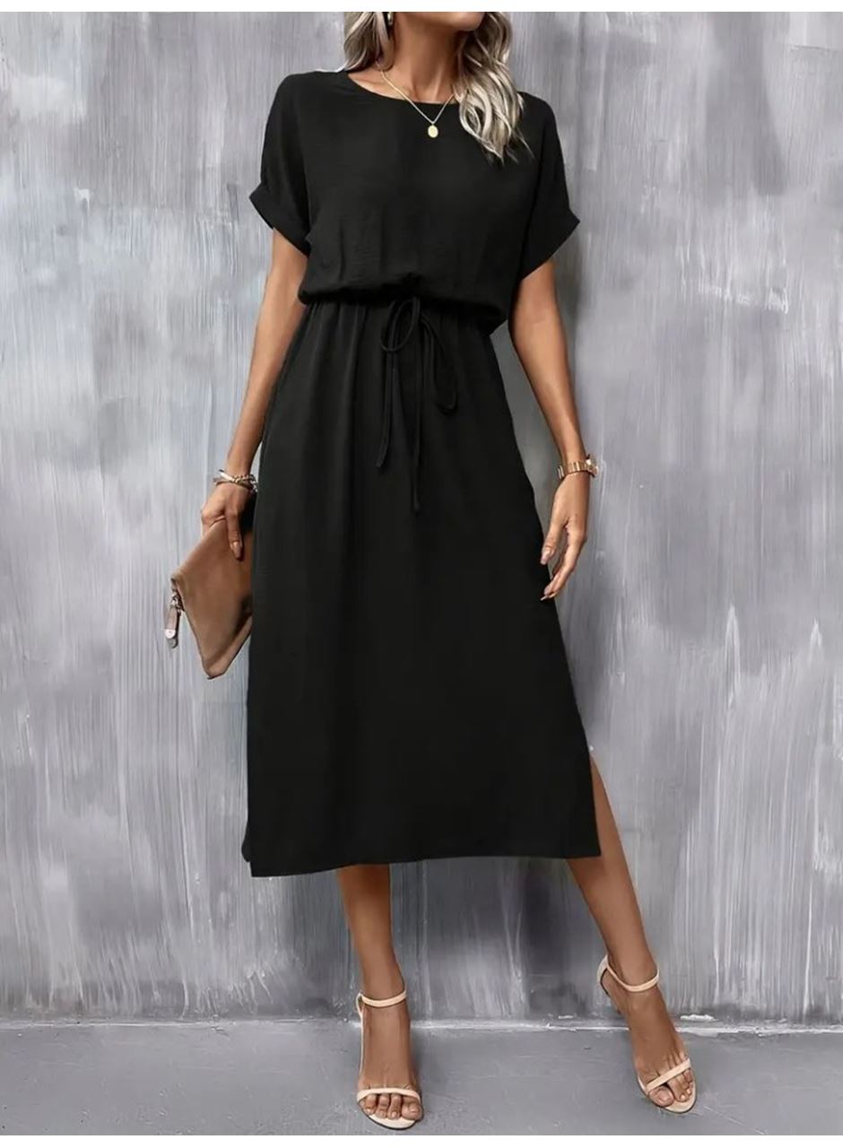 Kadın Kısa Kollu Yakası Açık Belden Bağlamalı Yırtmaçlı Viskon Elbise