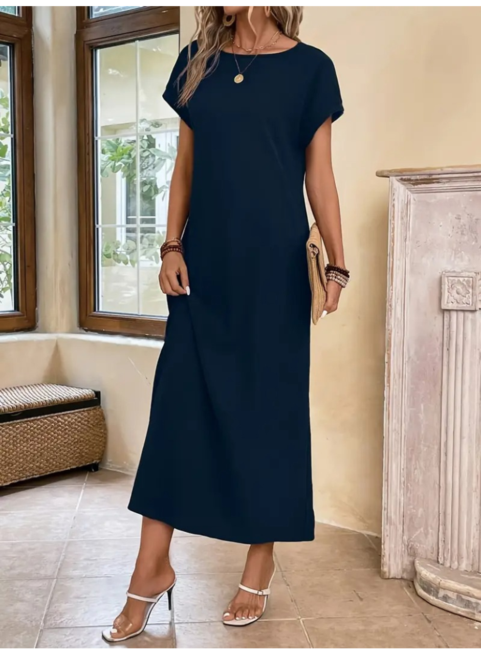 Kadın Uzun Kollu Yakası Açık Viskon Elbise