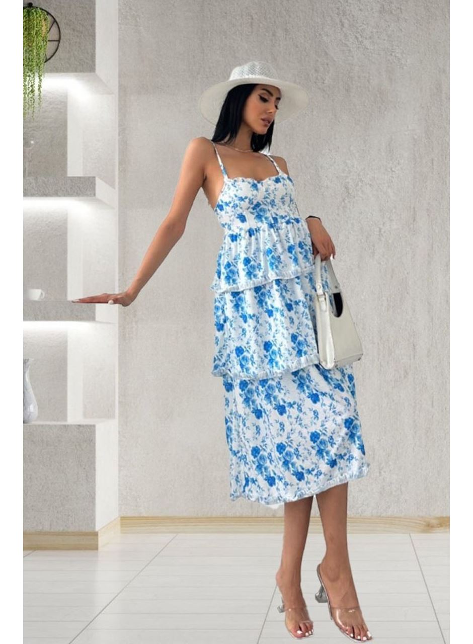 Kadın Sıfır Kol Askılı Dekolteli Yırtmaç Detay çiçek Baskılı Süprem Midi Elbise