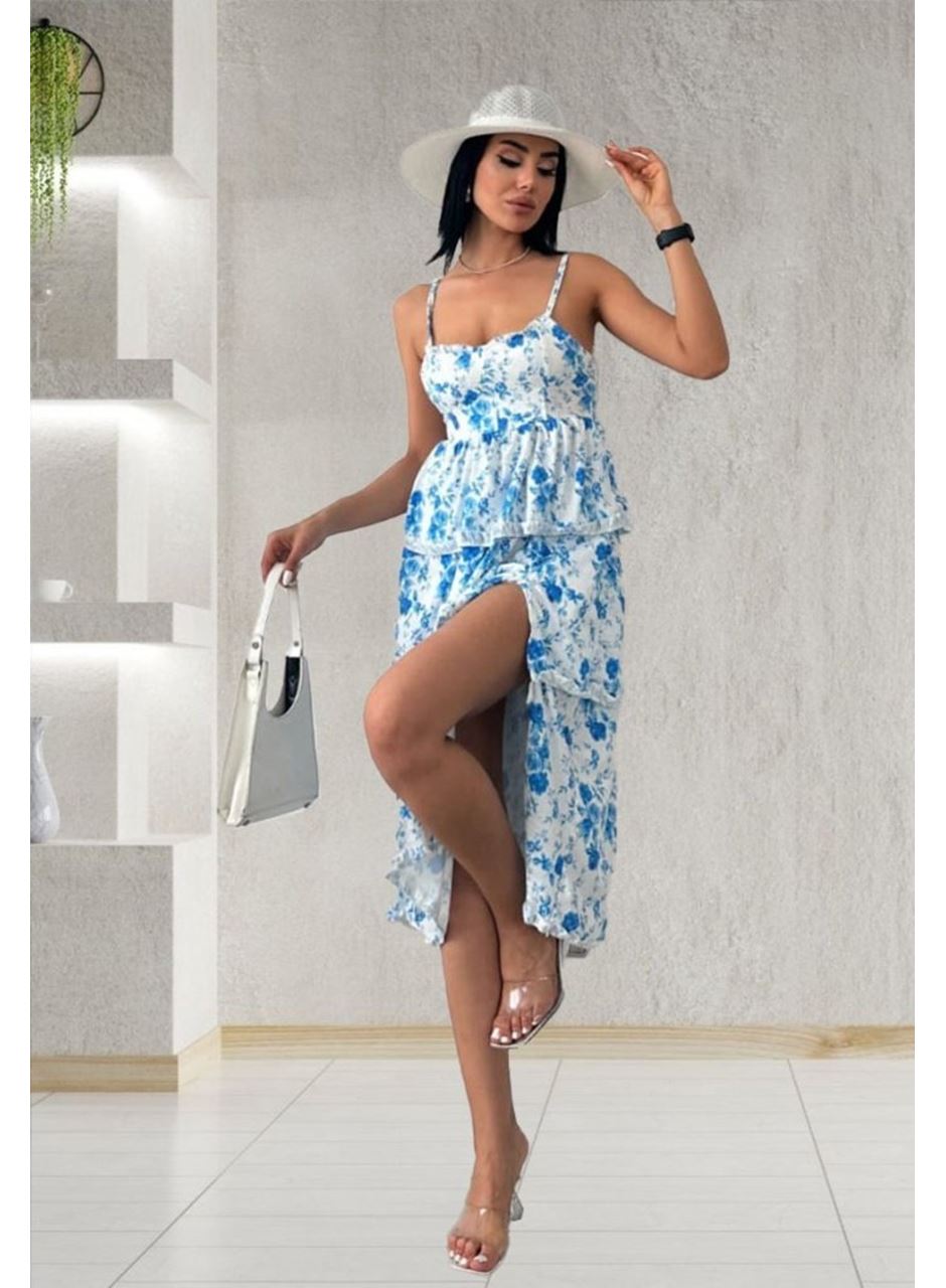 Kadın Sıfır Kol Askılı Dekolteli Yırtmaç Detay çiçek Baskılı Süprem Midi Elbise