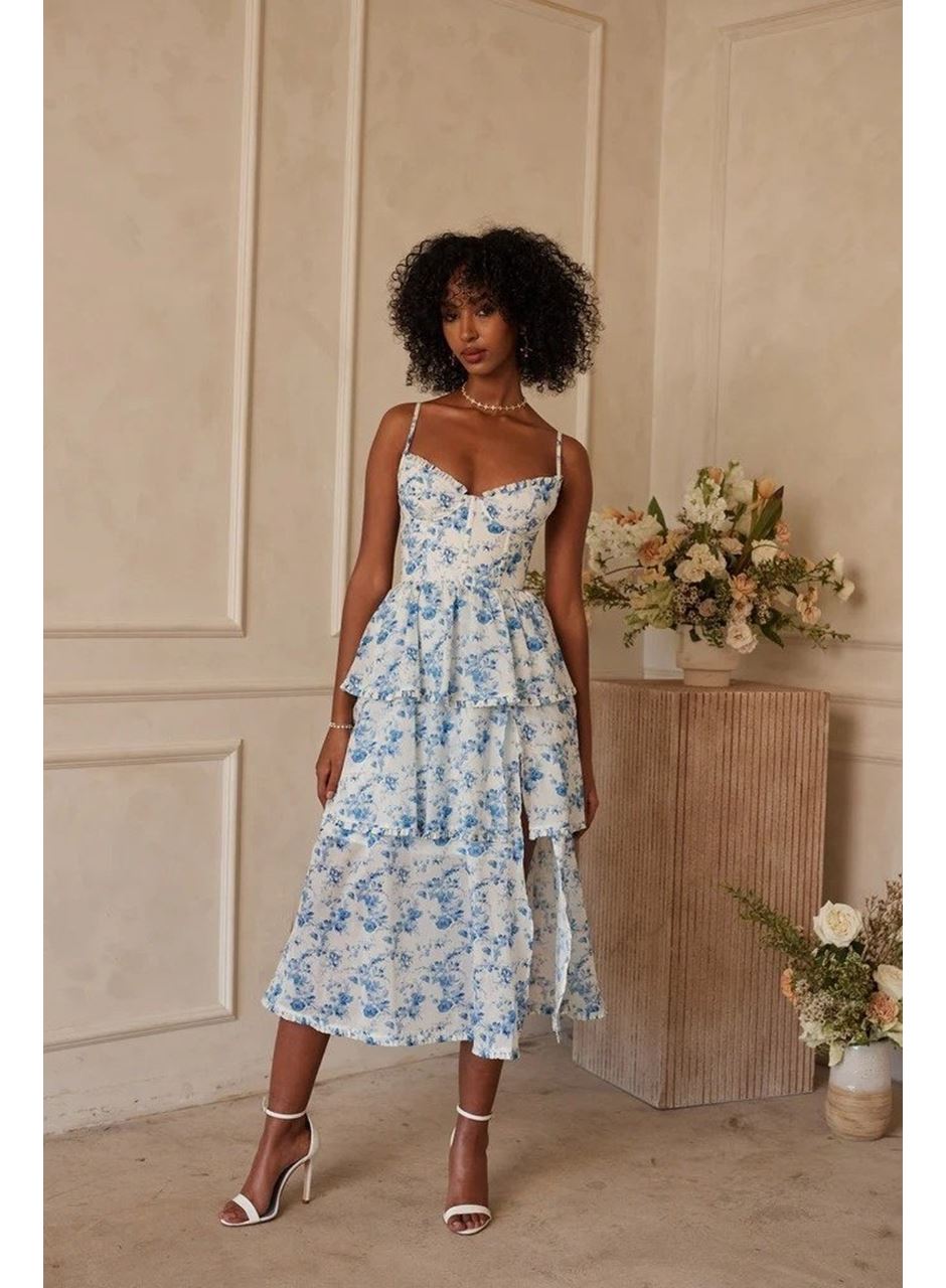 Kadın Sıfır Kol Askılı Dekolteli Yırtmaç Detay çiçek Baskılı Süprem Midi Elbise