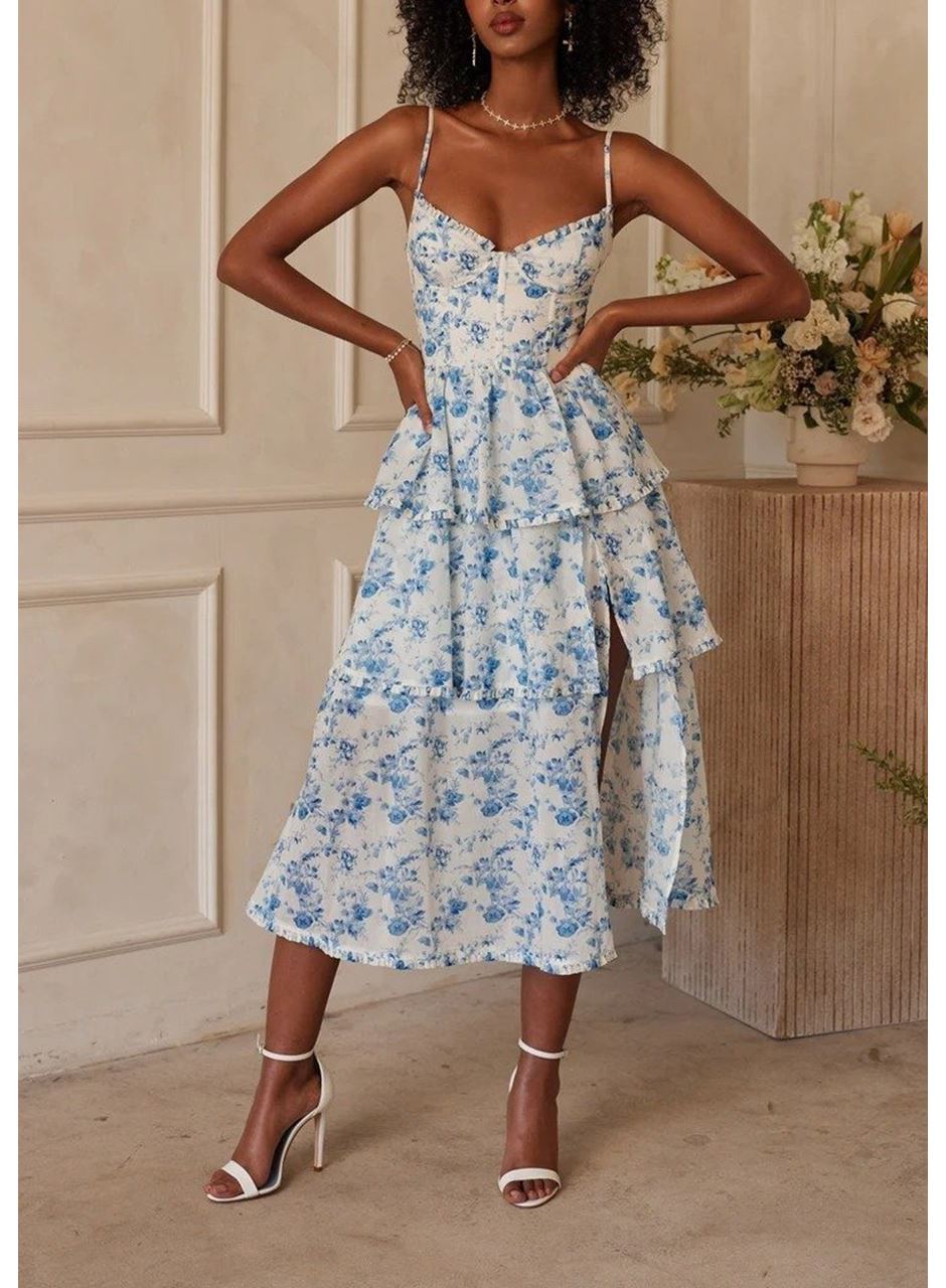 Kadın Sıfır Kol Askılı Dekolteli Yırtmaç Detay çiçek Baskılı Süprem Midi Elbise