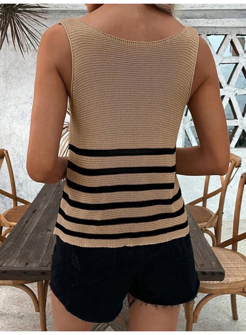 Kadın Sıfır Kol Yuvarlak Yaka şerit Detay Triko Bluz