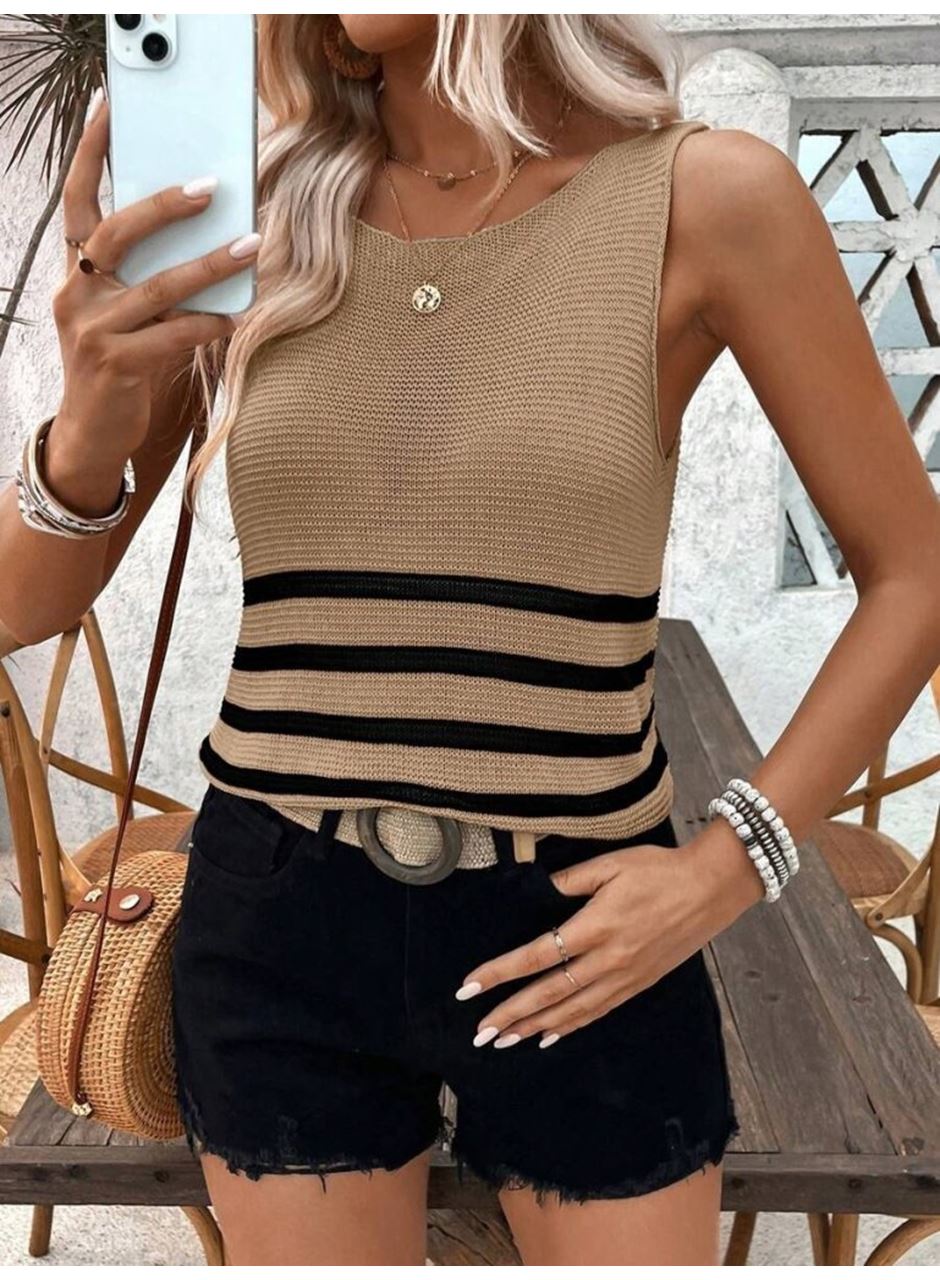 Kadın Sıfır Kol Yuvarlak Yaka şerit Detay Triko Bluz