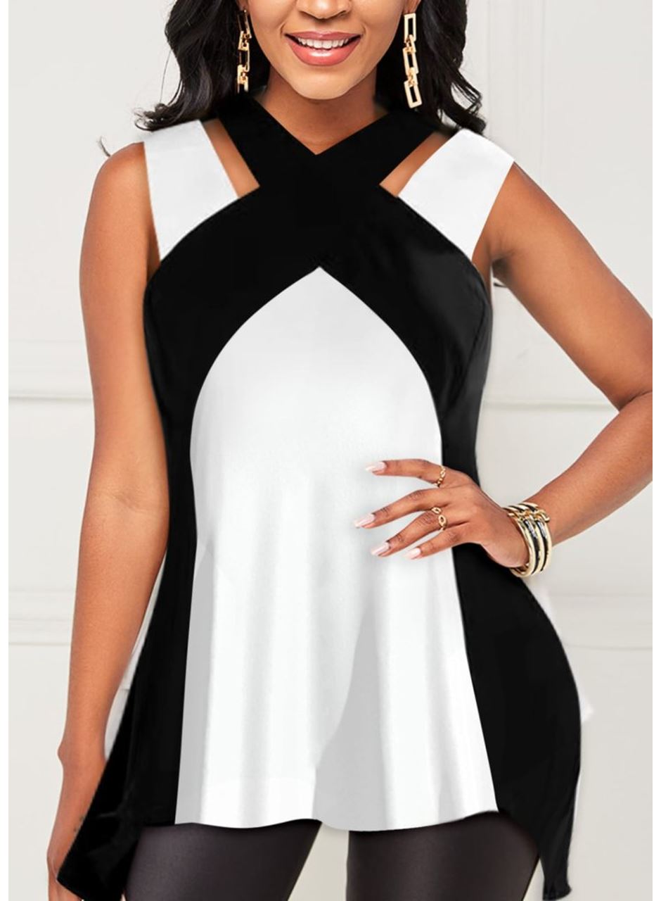 Kadın Askılı Boyundan çapraz Halter Yakalı çift Renkli Viskon Bluz