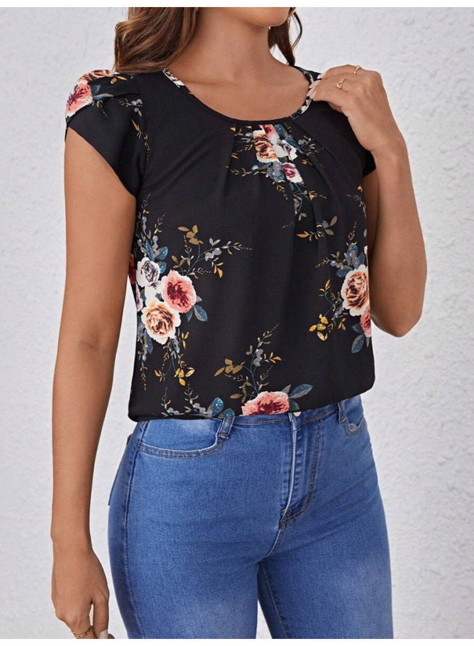 Kadın Kısa Kollu Bisiklet Yaka çiçek Baskılı Süprem Bluz
