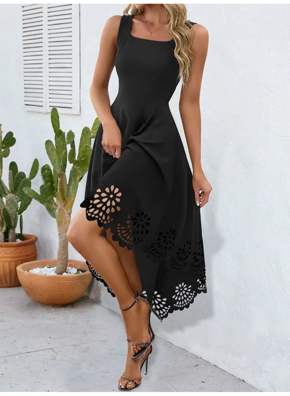 Kadın Askılı Geometrik Yaka çiçek Lazer Kesim Ithal Krep Elbise