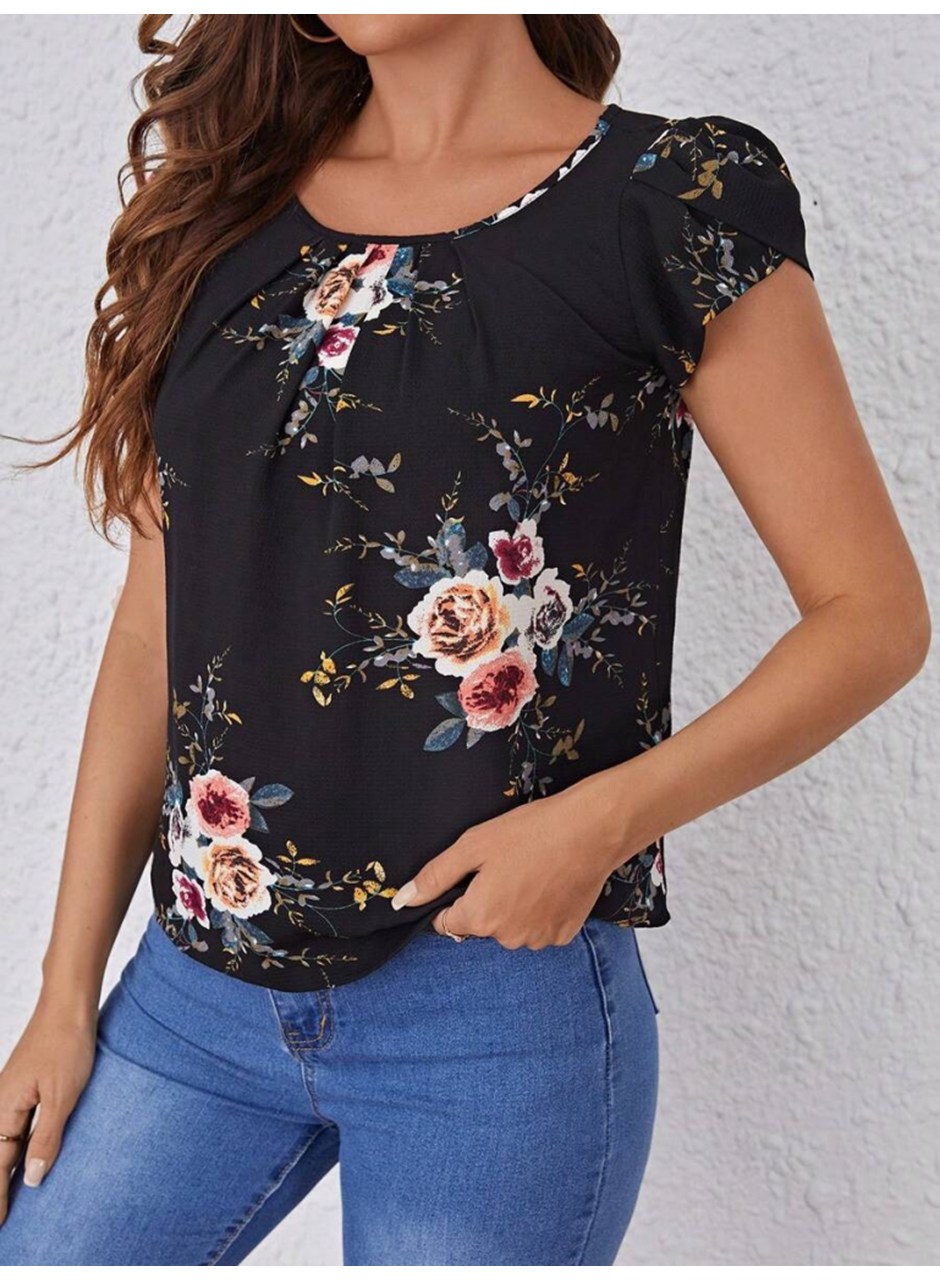 Kadın Kısa Kollu Bisiklet Yaka çiçek Baskılı Süprem Bluz