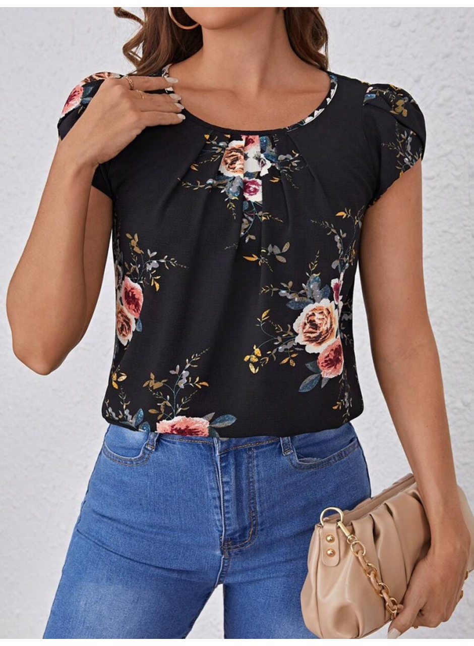 Kadın Kısa Kollu Bisiklet Yaka çiçek Baskılı Süprem Bluz