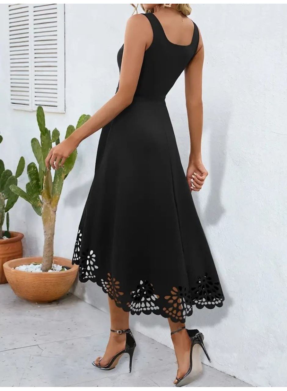 Kadın Askılı Geometrik Yaka çiçek Lazer Kesim Ithal Krep Elbise