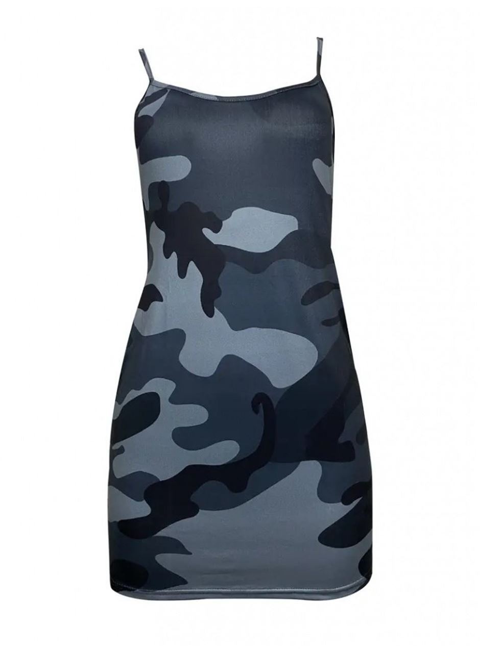 Kadın Ip Askılı Kamuflaj Baskılı Viskon Elbise