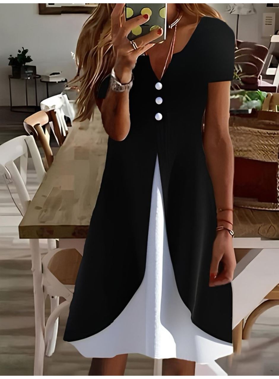 Kadın Kısa Kollu V Yakalı önden Düğmeli çift Renkli Viskon Elbise