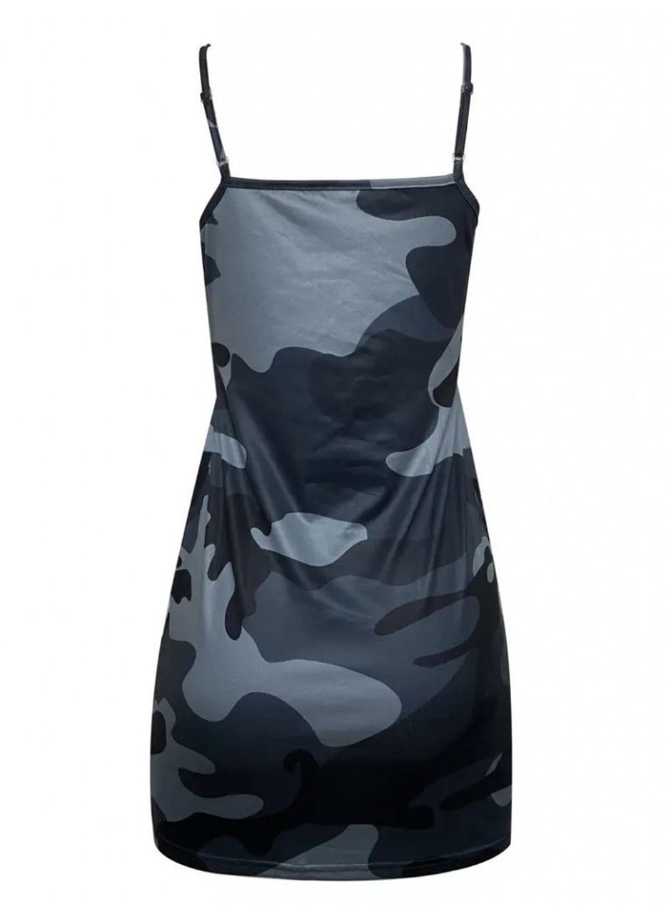 Kadın Ip Askılı Kamuflaj Baskılı Viskon Elbise