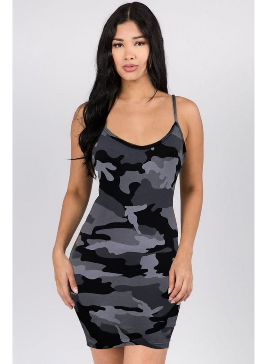 Kadın Ip Askılı Kamuflaj Baskılı Viskon Elbise