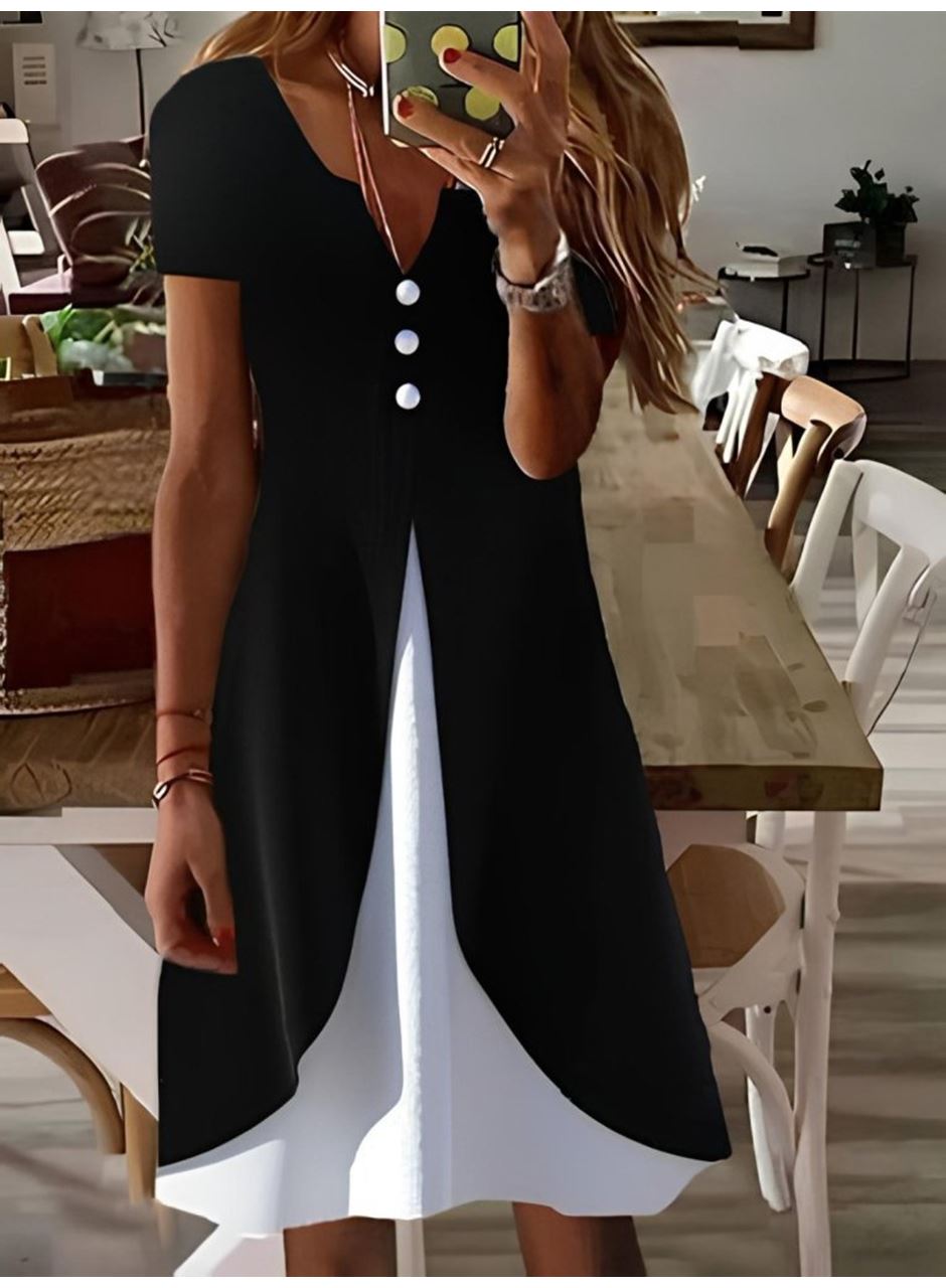 Kadın Kısa Kollu V Yakalı önden Düğmeli çift Renkli Viskon Elbise