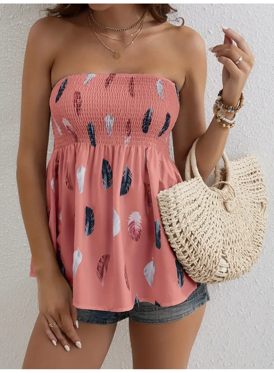 Kadın Yaprak Desenli Göğsü Gipeli Mosskrep Straplez Bluz