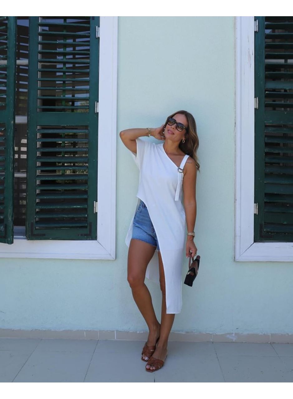 Kadın Tek Omuzu Açık Askılı Asimetrik Kesim Detaylı Bluz