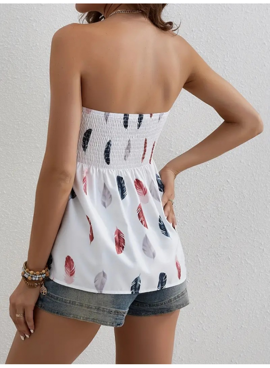 Kadın Yaprak Desenli Göğsü Gipeli Mosskrep Straplez Bluz