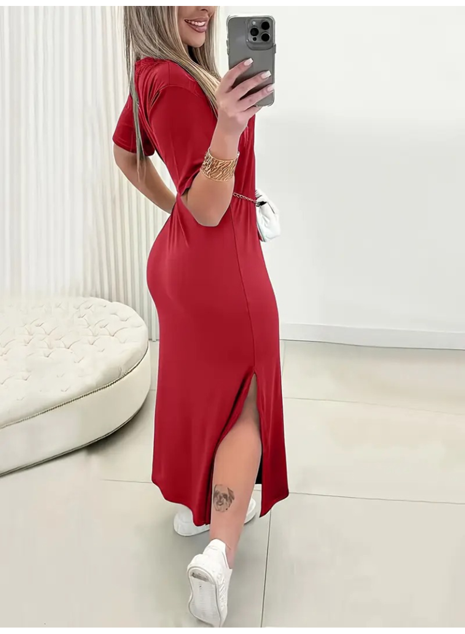 Kadın Kısa Kollu Bisiklet Yaka Yandan Yırtmaçlı Viskon Elbise