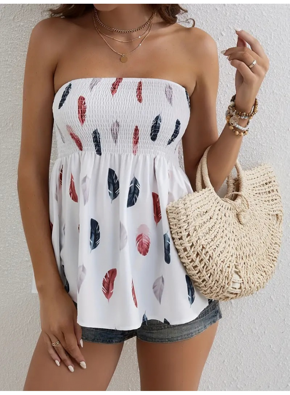 Kadın Yaprak Desenli Göğsü Gipeli Mosskrep Straplez Bluz