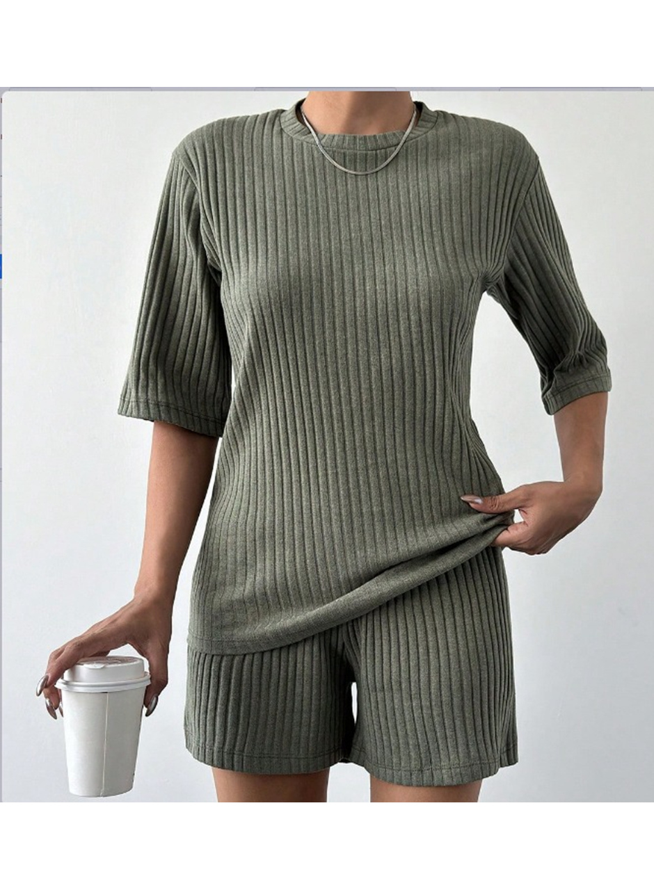 Kadın Kısa Kollu Bisiklet Yaka Kaşkorse Bluz şort Ikili Takım