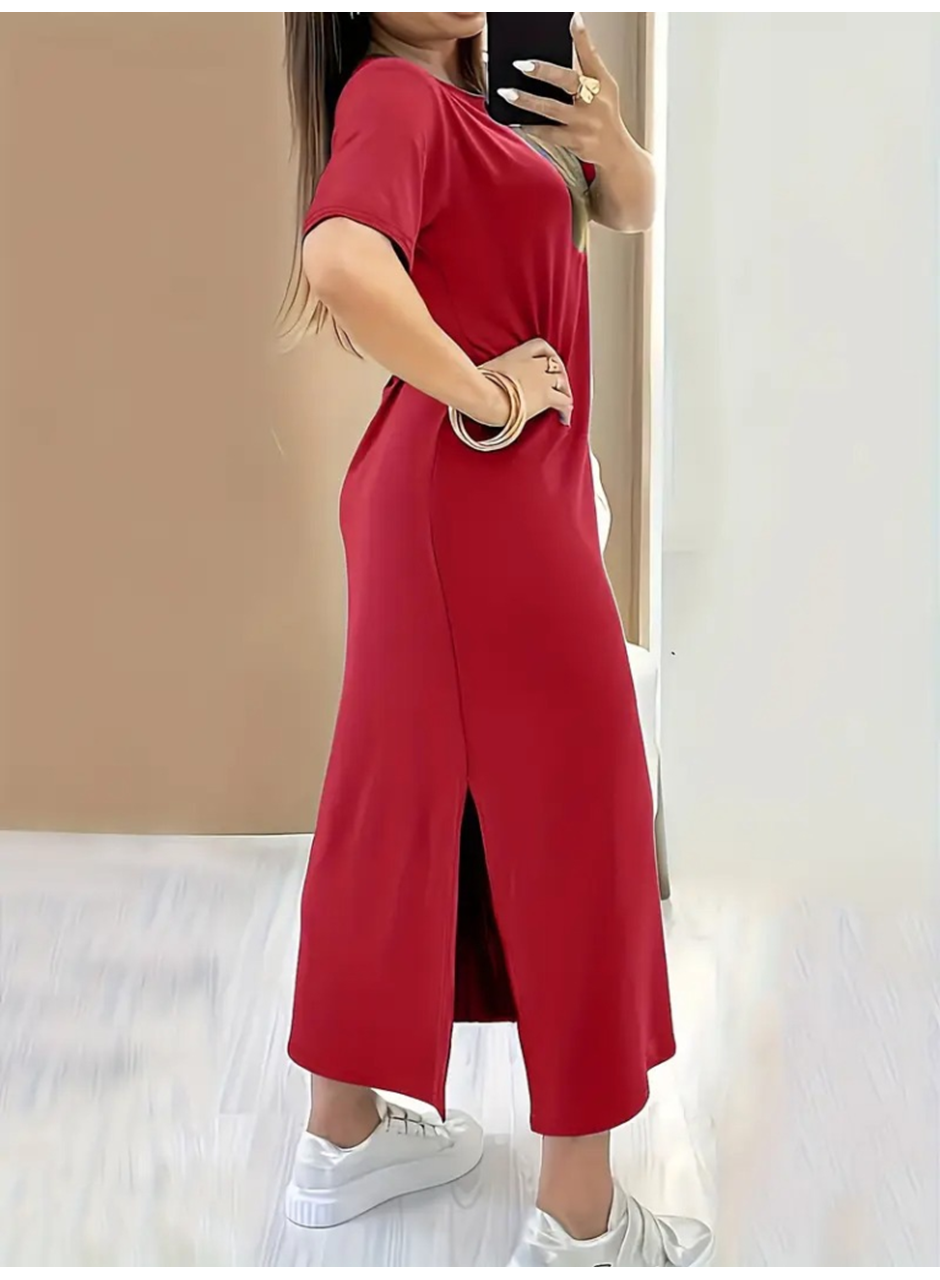 Kadın Kısa Kollu Bisiklet Yaka Yandan Yırtmaçlı Viskon Elbise