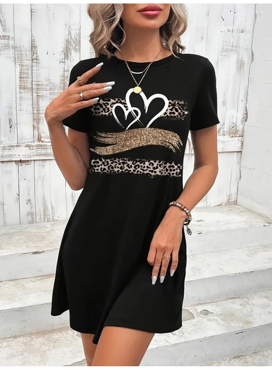 Kadın Kısa Kollu Bisiklet Yaka Desenli Viskon Elbise