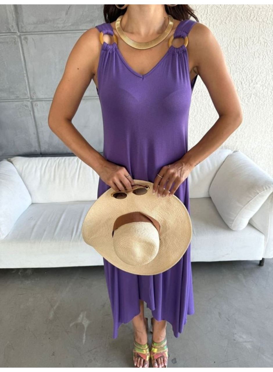 Kadın çan Dokuma Kumaş V Yaka Asimetrik Kesim Elbise