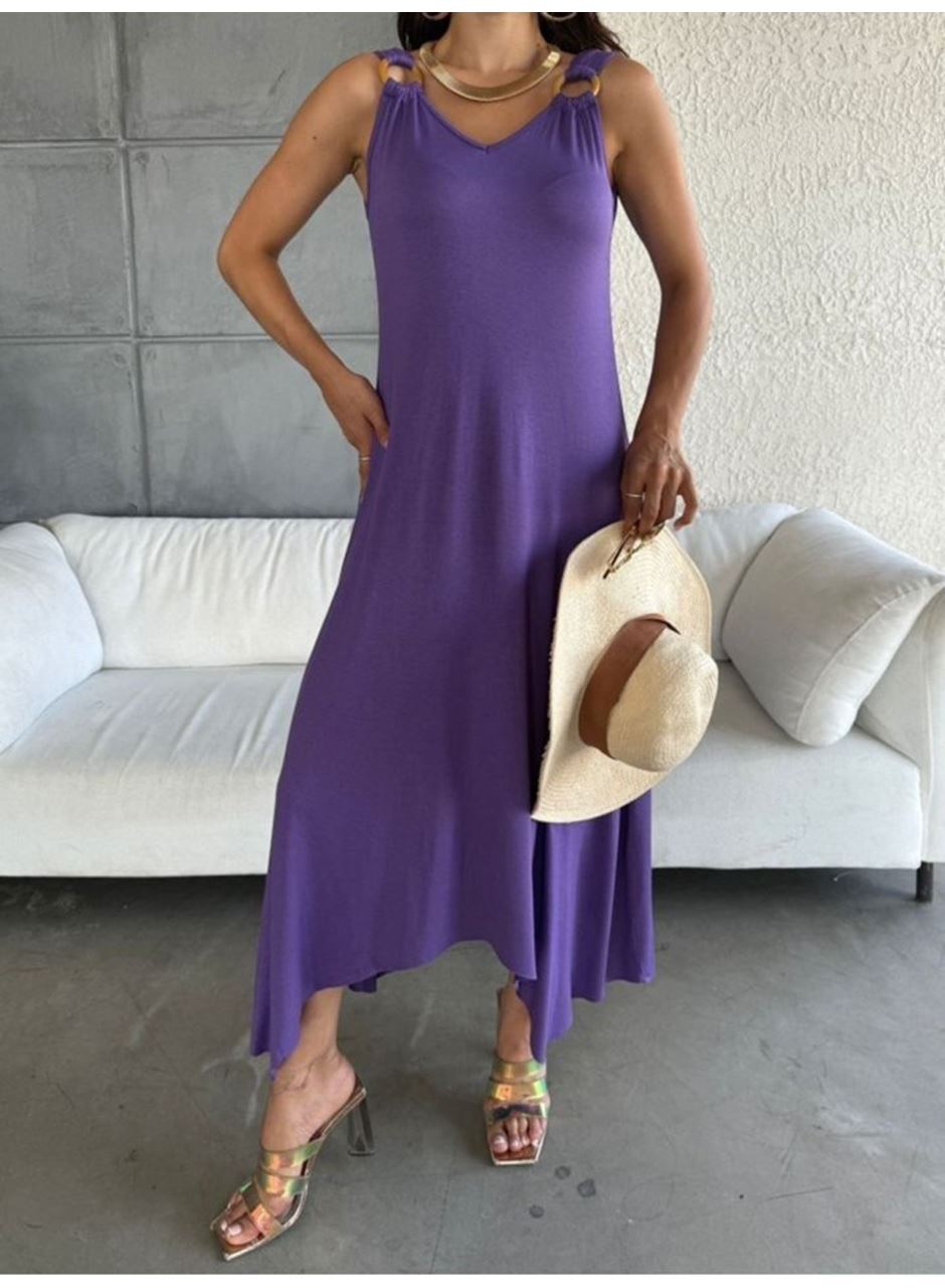 Kadın çan Dokuma Kumaş V Yaka Asimetrik Kesim Elbise