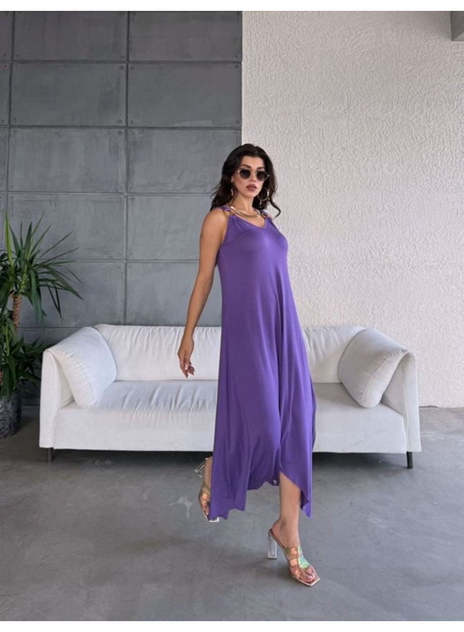 Kadın çan Dokuma Kumaş V Yaka Asimetrik Kesim Elbise