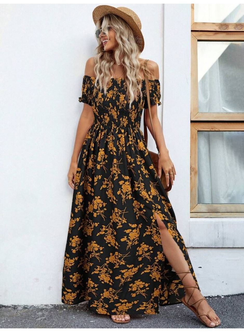 Kadın Kısa Kollu Madonna Yaka Yırtmaçlı çiçek Desenli Süprem Elbise