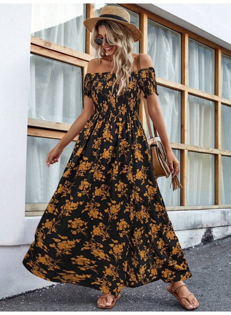 Kadın Kısa Kollu Madonna Yaka Yırtmaçlı çiçek Desenli Süprem Elbise