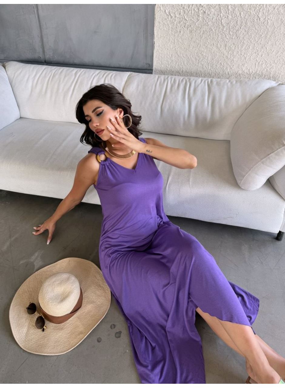 Kadın çan Dokuma Kumaş V Yaka Asimetrik Kesim Elbise