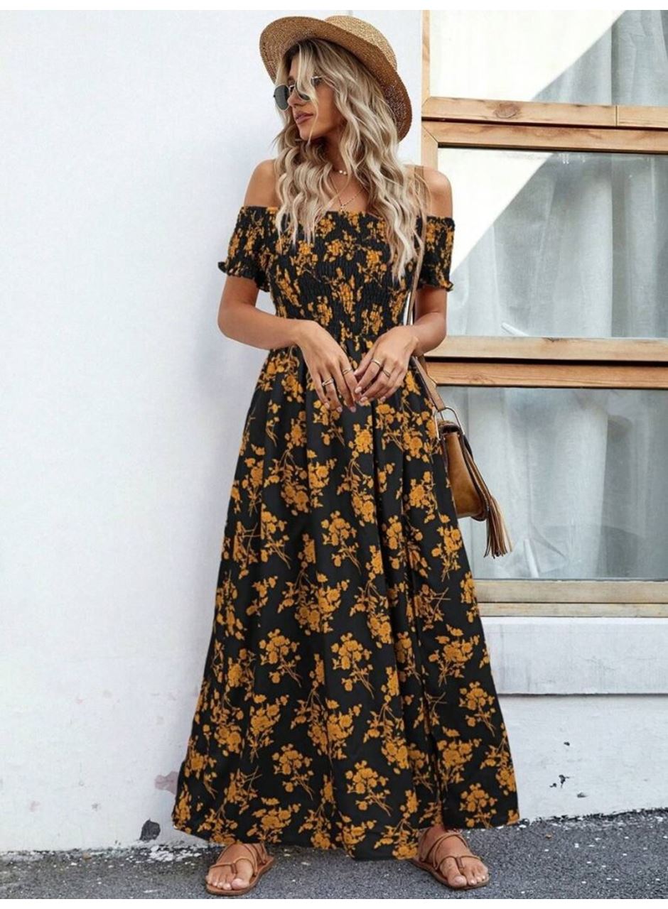 Kadın Kısa Kollu Madonna Yaka Yırtmaçlı çiçek Desenli Süprem Elbise