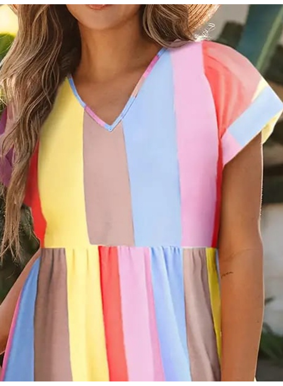 Kadın Kısa Kollu V Yakalı şerit Desenli Süprem Elbise