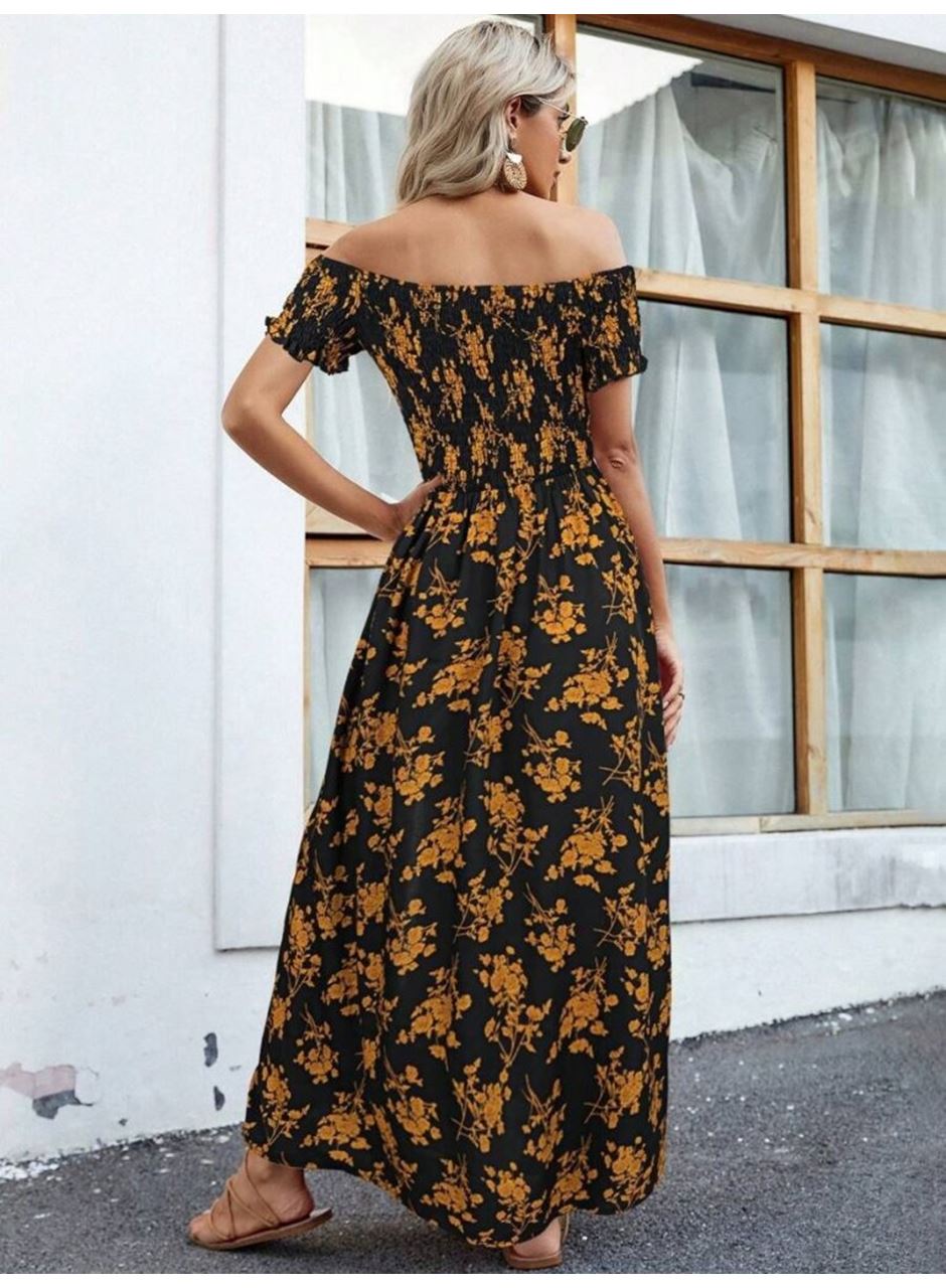 Kadın Kısa Kollu Madonna Yaka Yırtmaçlı çiçek Desenli Süprem Elbise