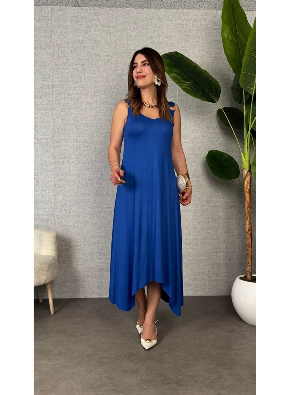 Kadın çan Dokuma Kumaş V Yaka Asimetrik Kesim Elbise