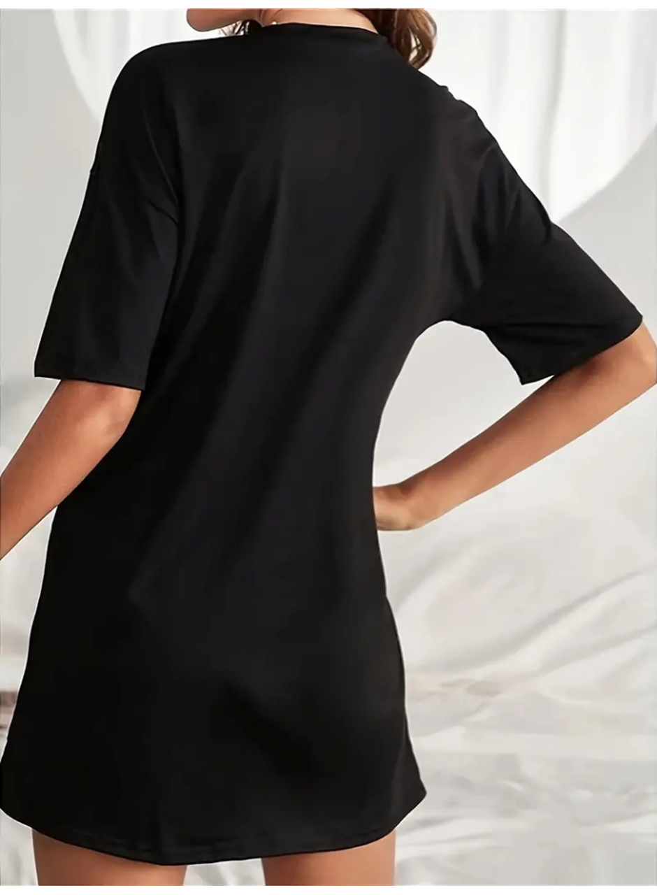 Kadın Kısa Kollu Yazı Baskılı Basic Mini Elbise