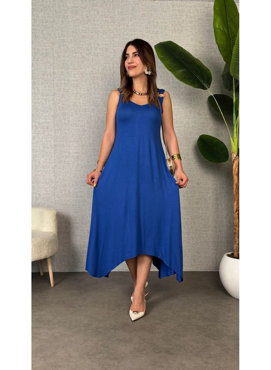 Kadın çan Dokuma Kumaş V Yaka Asimetrik Kesim Elbise