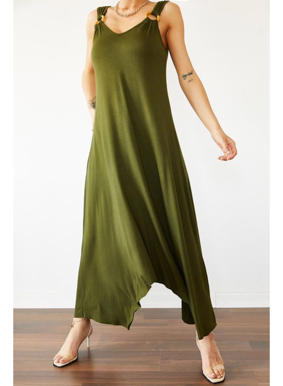 Kadın çan Dokuma Kumaş V Yaka Asimetrik Kesim Elbise