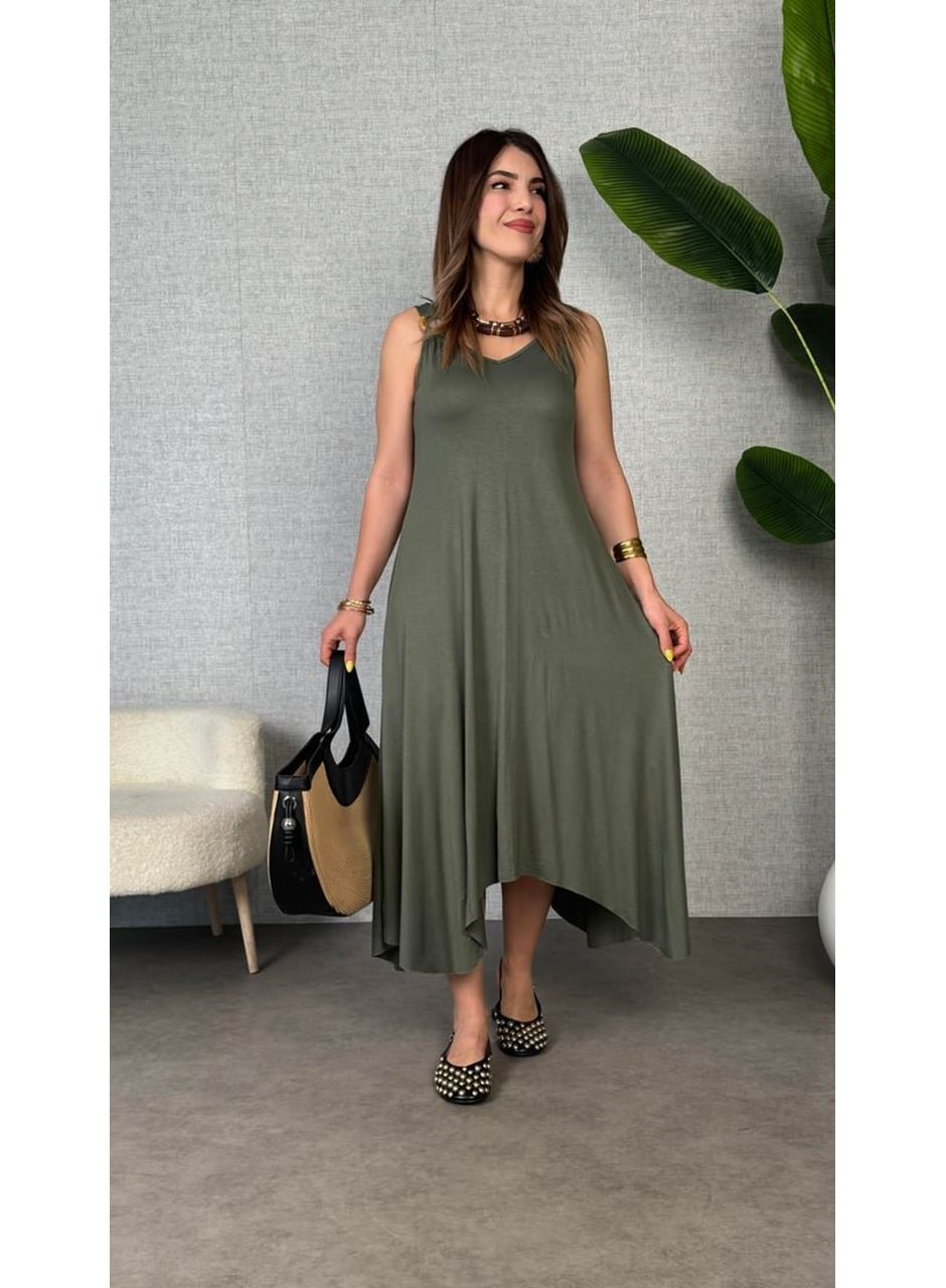 Kadın çan Dokuma Kumaş V Yaka Asimetrik Kesim Elbise