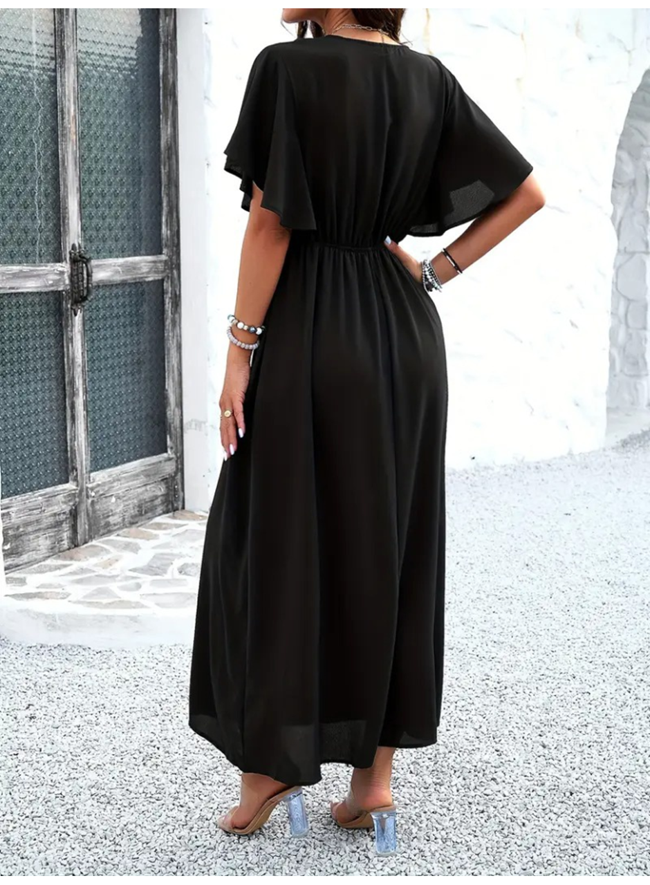 Kadın Kısa Kollu V Yakalı Beli Lastikli Uzun Viskon Elbise