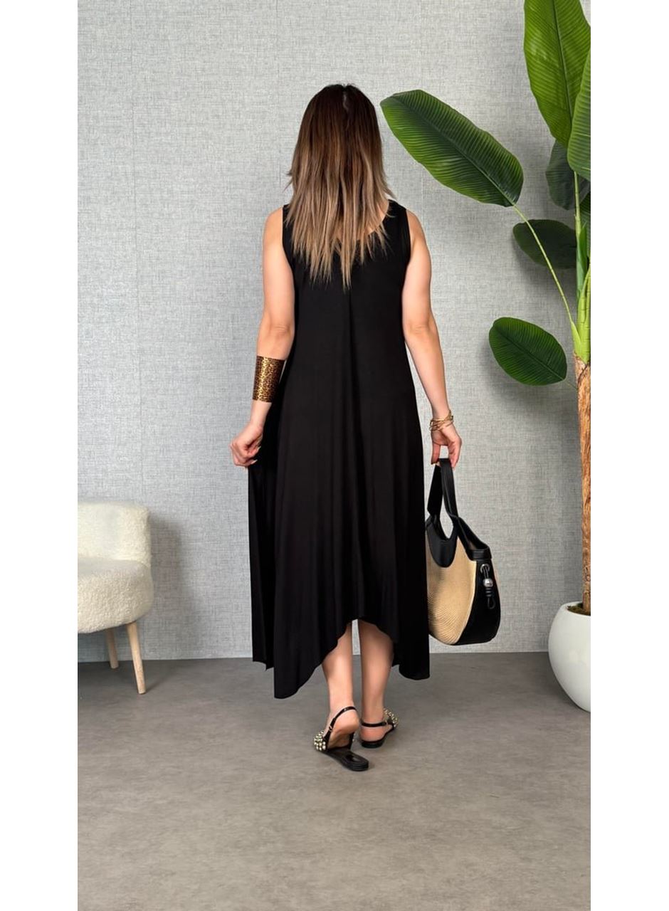 Kadın çan Dokuma Kumaş V Yaka Asimetrik Kesim Elbise